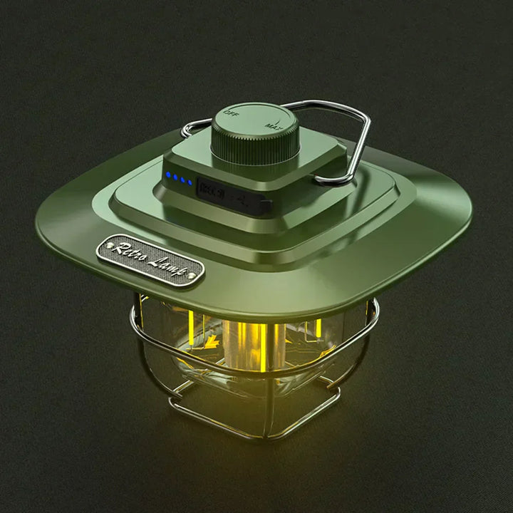 Retro rechargeable LED camping lantern, vintage style for outdoor lighting and camp gear
