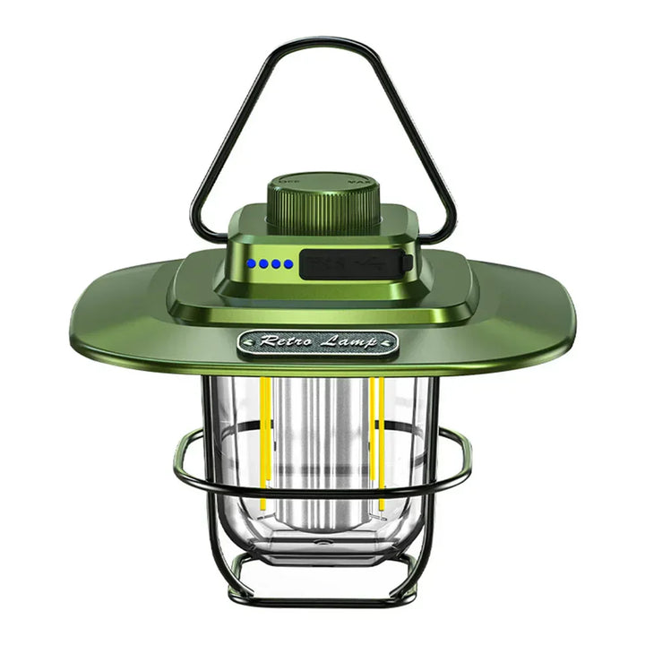 Close-up of a retro LED camping lantern, rechargeable with warm light for atmosphere