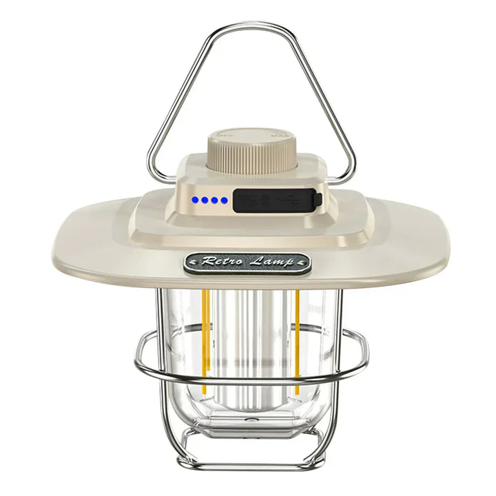 Portable vintage style LED lantern, rechargeable and durable for camping and outdoor use