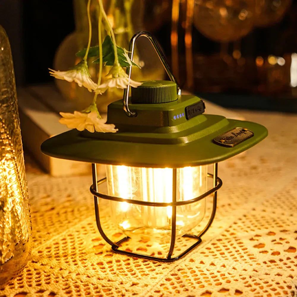Retro LED camping lantern illuminating a tent, perfect as an emergency light or camp gear
