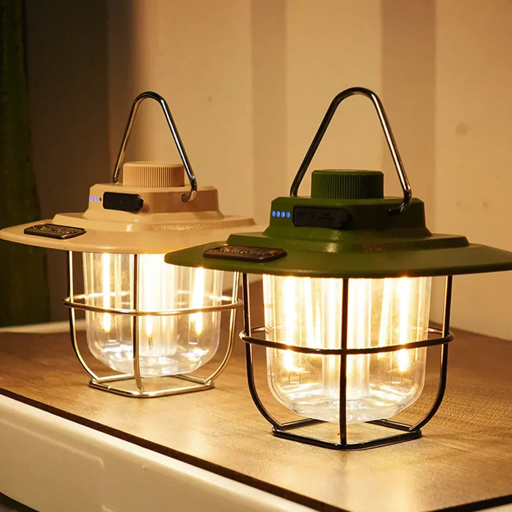 Rechargeable LED lantern with a classic design, ideal for camping, garden, or patio lighting
