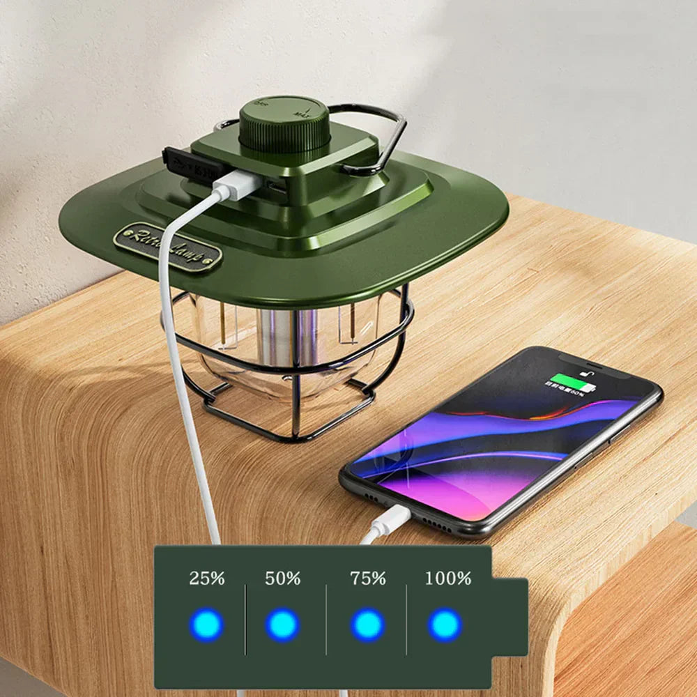 Vintage inspired LED camping lantern, portable and rechargeable for any outdoor adventure