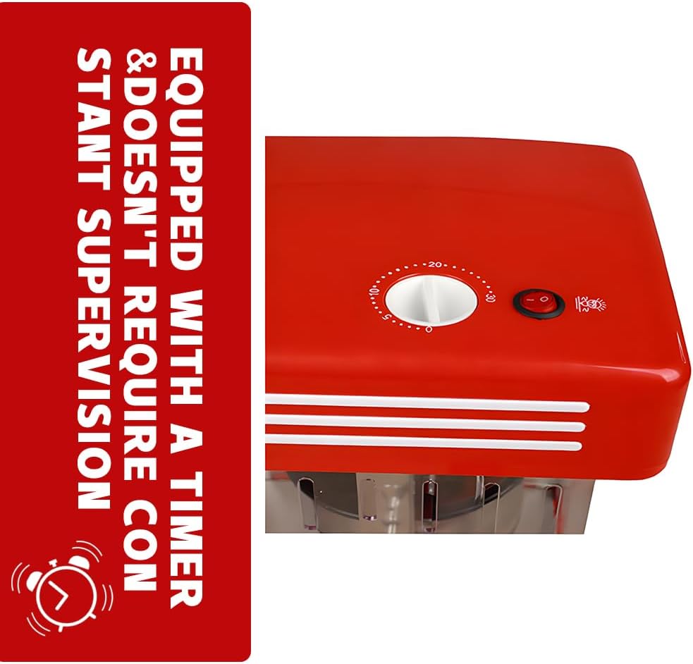 Red retro popcorn maker by Calvano, countertop appliance with timer feature