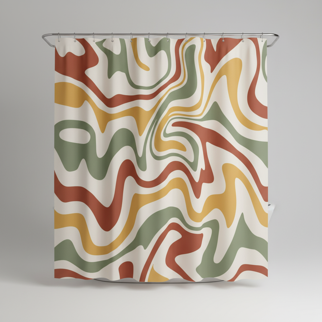Waterproof retro shower curtain with a groovy 70s spiral pattern, perfect for a bohemian-themed bathroom