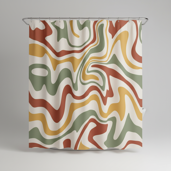 Waterproof retro shower curtain with a groovy 70s spiral pattern, perfect for a bohemian-themed bathroom