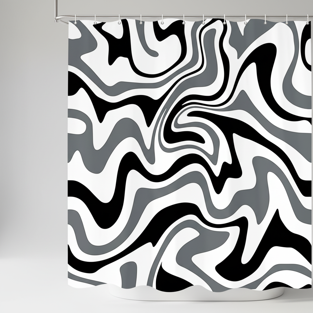 Vibrant retro spiral pattern shower curtain against a neutral bathroom background, 70s inspired home decor