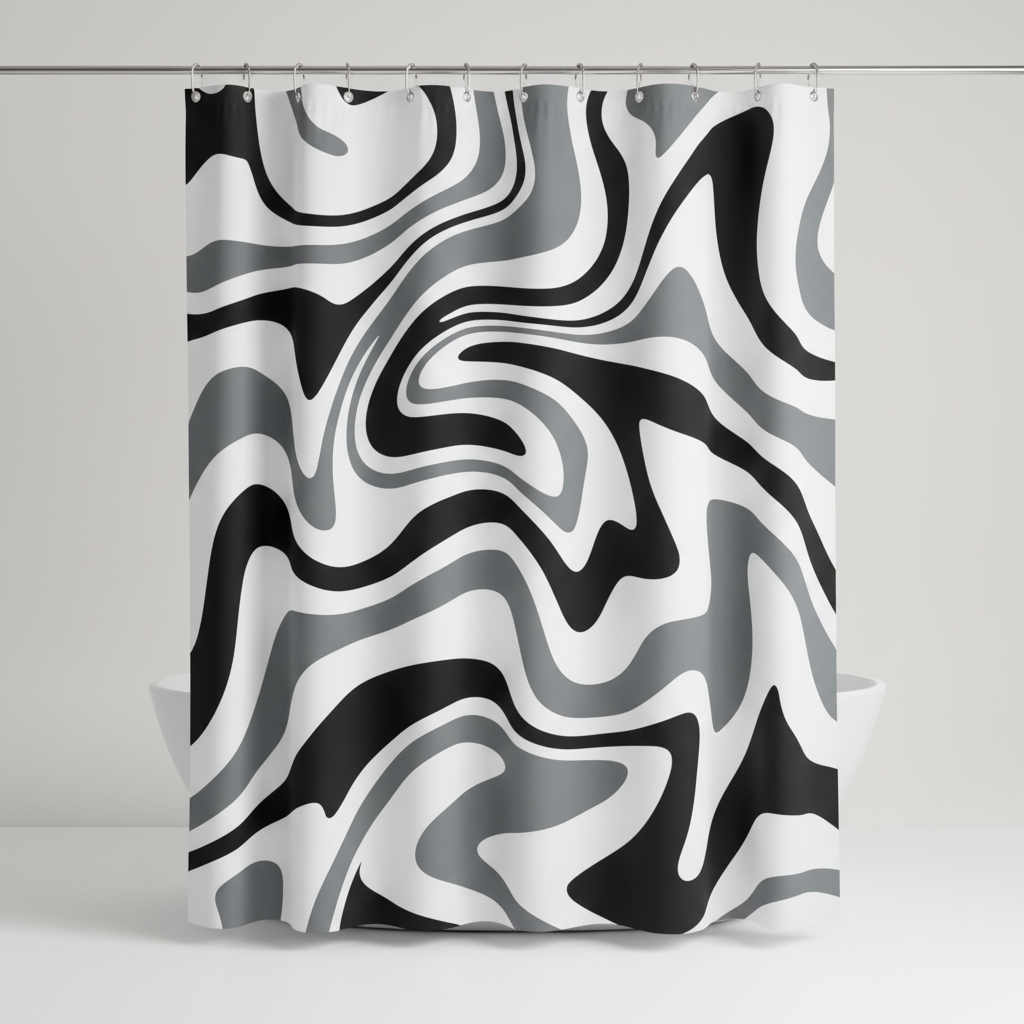Close-up of a retro spiral pattern shower curtain, vibrant 70s colors, bohemian bathroom decor, waterproof