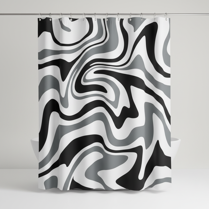 Close-up of a retro spiral pattern shower curtain, vibrant 70s colors, bohemian bathroom decor, waterproof