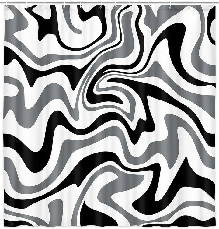 Stylish retro spiral pattern shower curtain in a modern bathroom, adding a pop of 70s boho chic decor