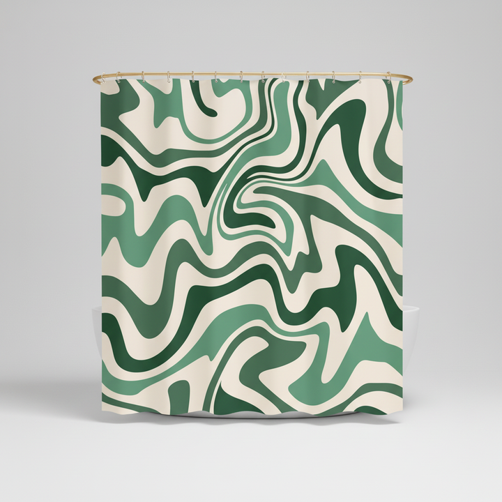 Bohemian shower curtain showcasing a unique retro spiral design, ideal for a vibrant bathroom update