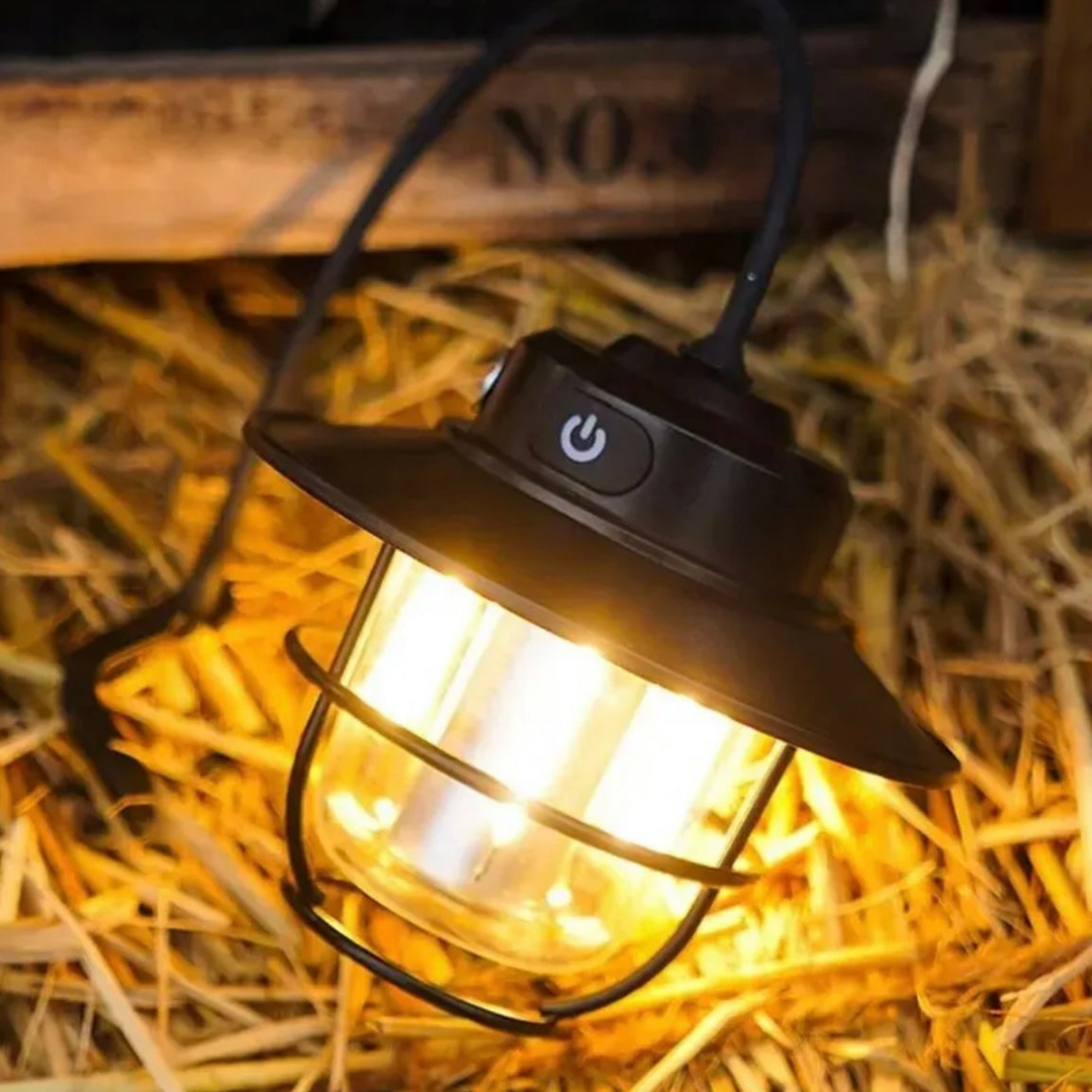 Retro style LED camping lantern, VintaGlow, perfect for outdoor adventures & ambient light.