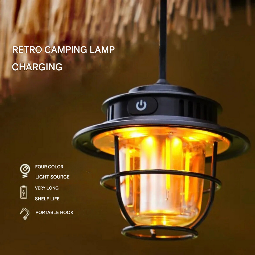 Portable LED camping lamp, USB-C rechargeable, ideal for camping, hiking, & outdoor light.