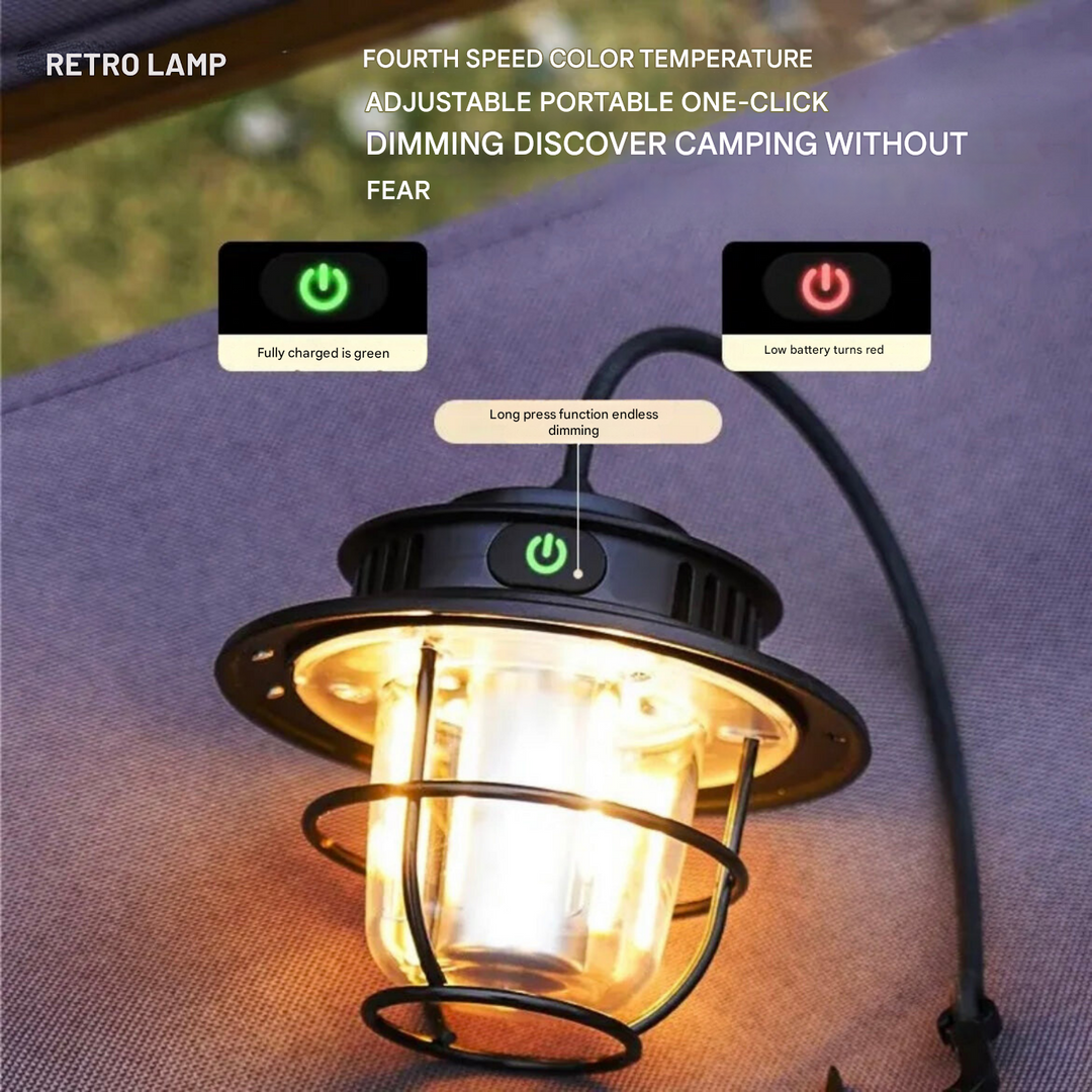 Vintage style LED lantern, weather resistant, provides warm, portable lighting for any outdoor setting.
