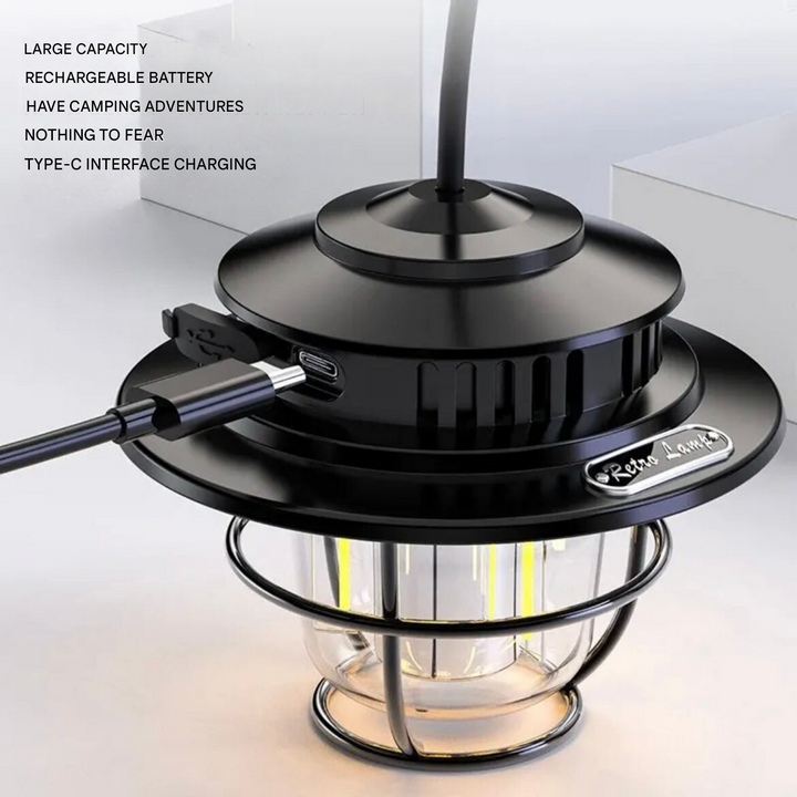 Durable retro camping lantern, VintaGlow, essential emergency lamp & versatile outdoor lighting gear.