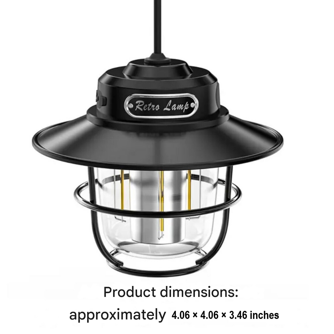 Stylish VintaGlow LED camping lamp, vintage aesthetic, offering bright & reliable outdoor illumination.