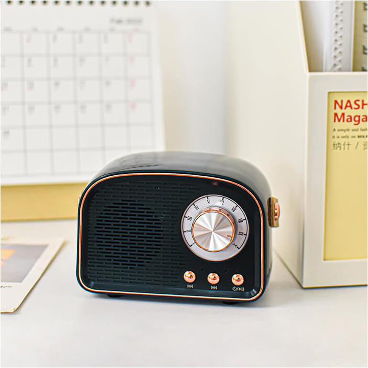 Retro-inspired Bluetooth speaker with FM radio, RetroVibe, perfect for vintage audio enthusiasts.