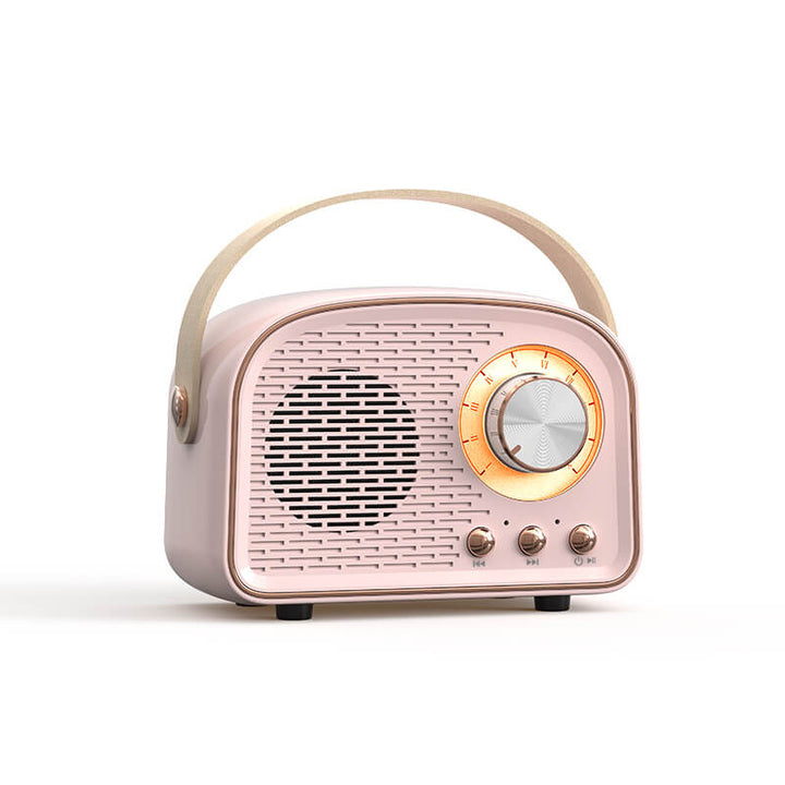 Side profile of RetroVibe vintage Bluetooth speaker, emphasizing its portable and sturdy design.