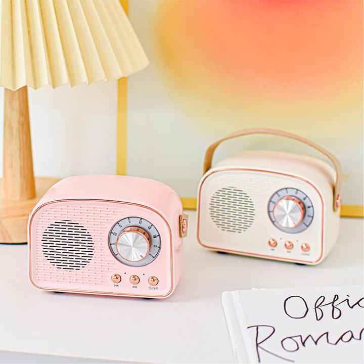 RetroVibe wireless vintage speaker with modern Bluetooth tech and FM radio, on a wooden table.