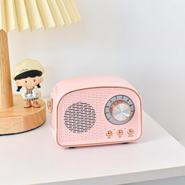 Stylish RetroVibe portable Bluetooth speaker, a blend of retro aesthetics and current sound.