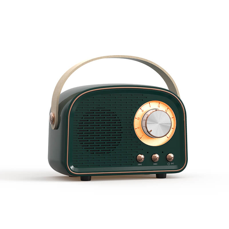 RetroVibe vintage home audio speaker, compact Bluetooth device with integrated FM radio.