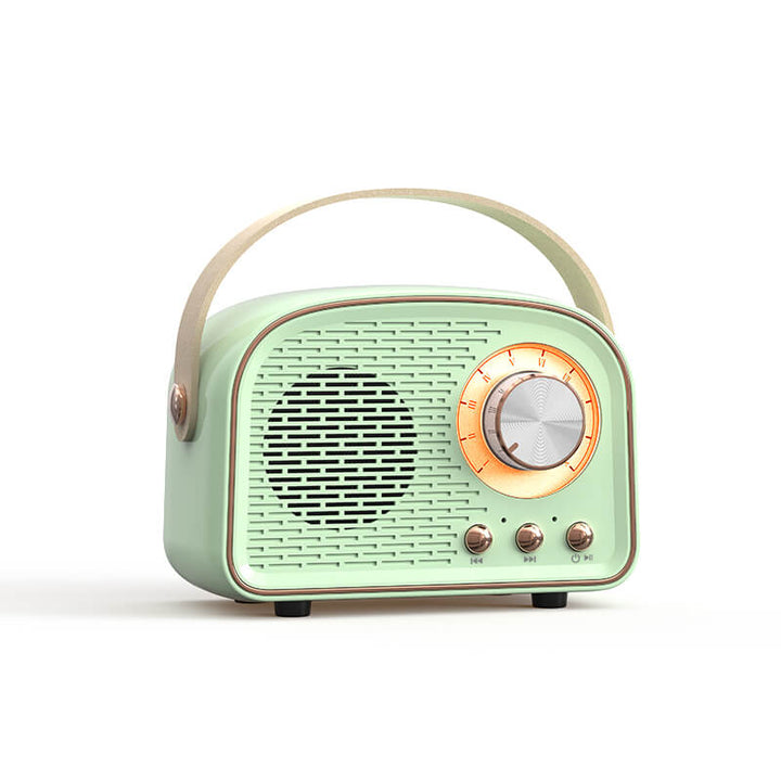 Hands holding the RetroVibe portable Bluetooth FM radio speaker, showcasing its size.