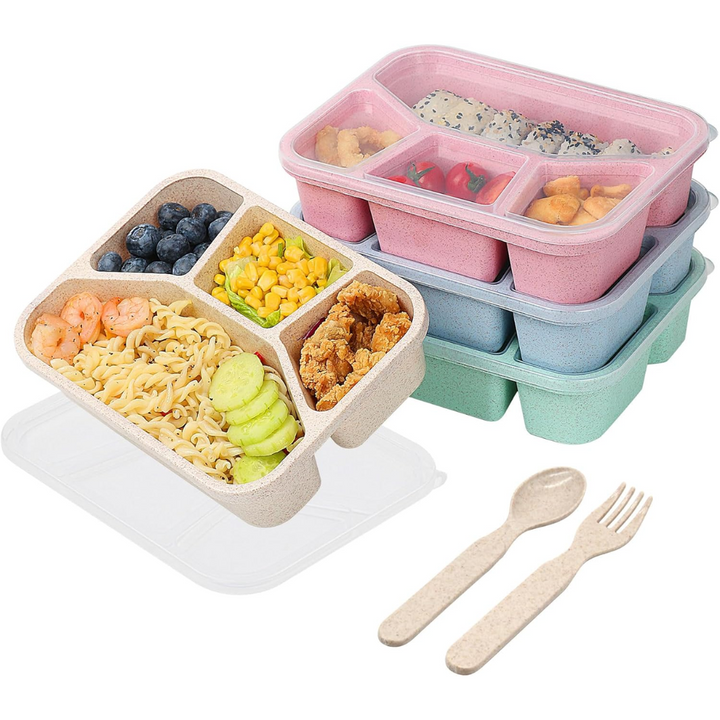 Reusable 4-pack bento snack boxes with 4 compartments, perfect for meal prep, portion control, and healthy lunches.