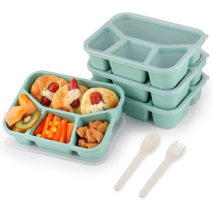 Eco-friendly 4-pack reusable bento snack boxes, 4 compartments, promoting sustainable meal prep and food storage.