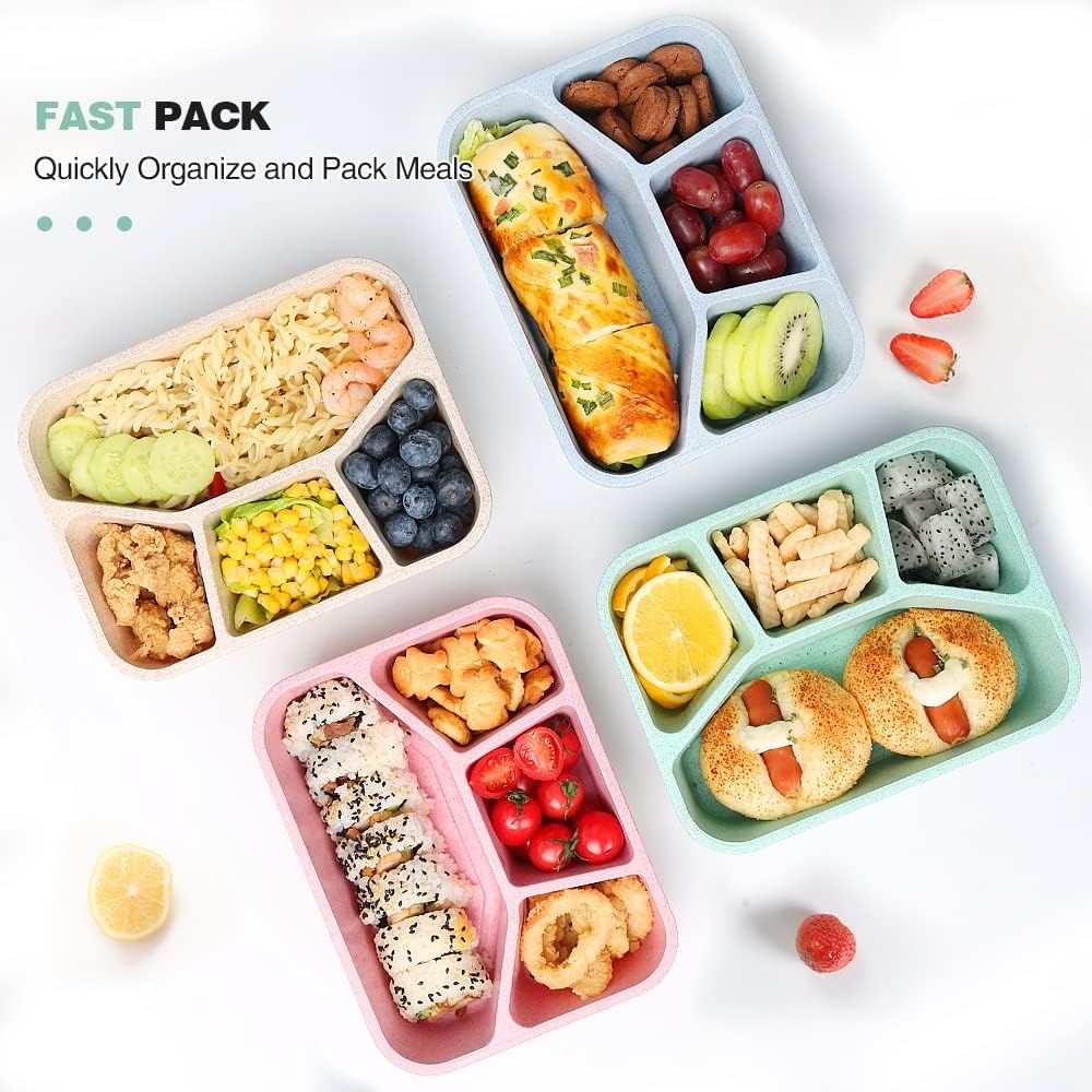Set of 4 bento lunch containers with 4 compartments, excellent for family meal prep, snacks, and portion control.