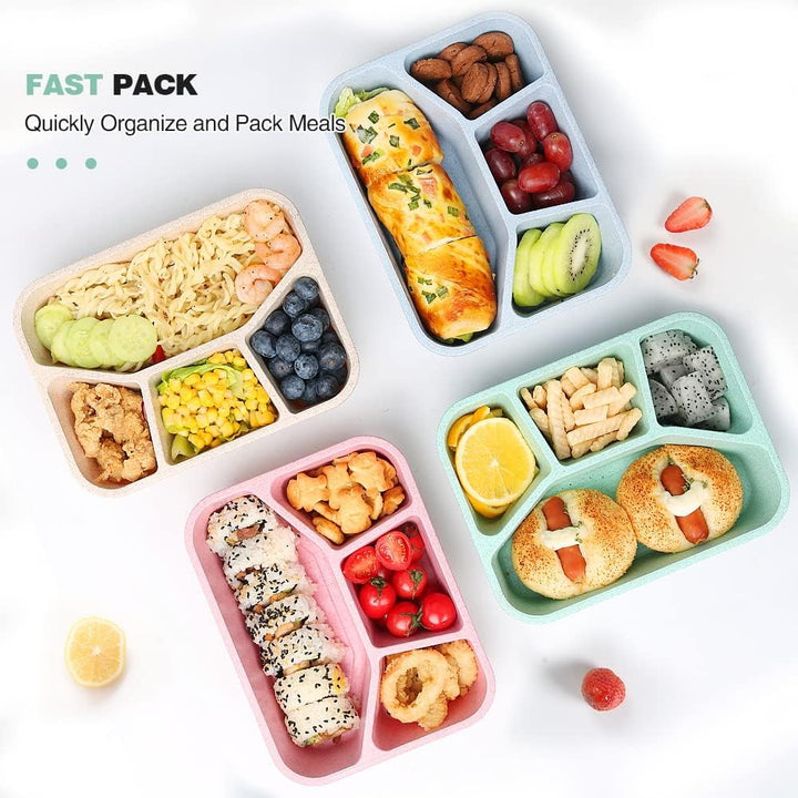 Set of 4 bento lunch containers with 4 compartments, excellent for family meal prep, snacks, and portion control.