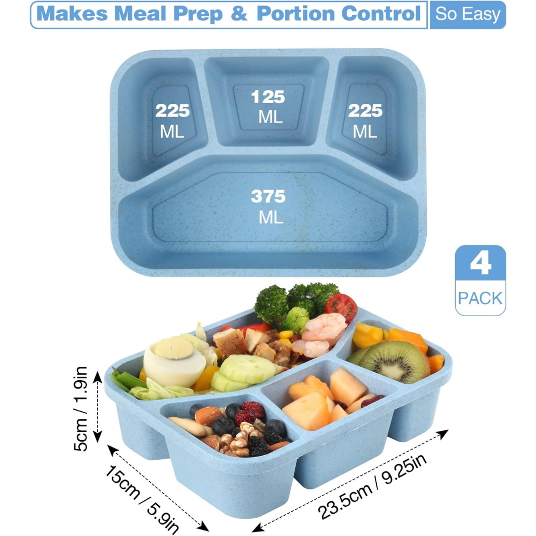 Convenient 4-pack bento snack boxes, 4 compartments, for easy food storage, packed lunches, and on-the-go meals.