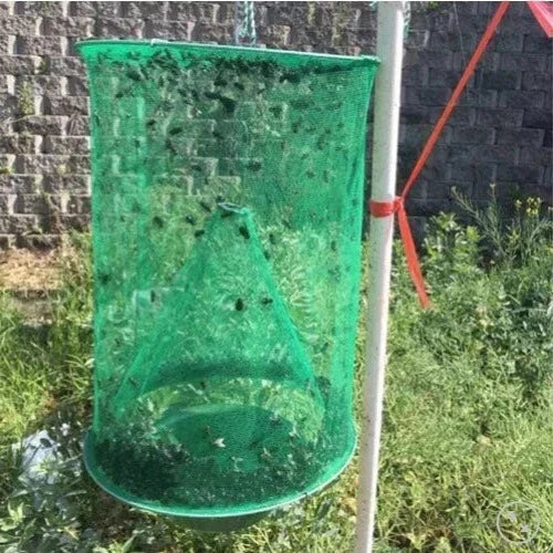 Heavy-duty reusable fly trap, perfect for barns, ranches, & large outdoor areas; non-toxic pest control.