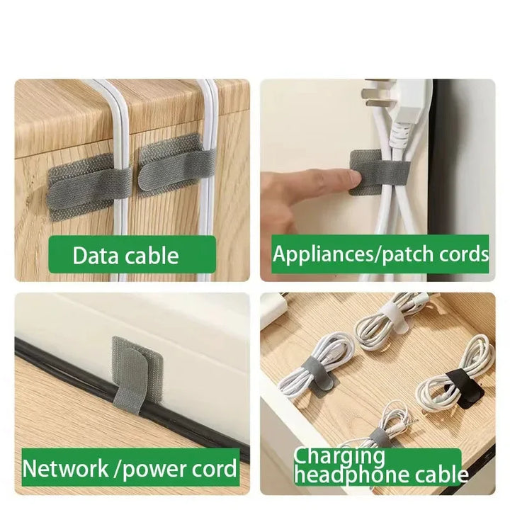 Self-adhesive cable organizer strips holding wires flush against a wall, decluttering a workspace