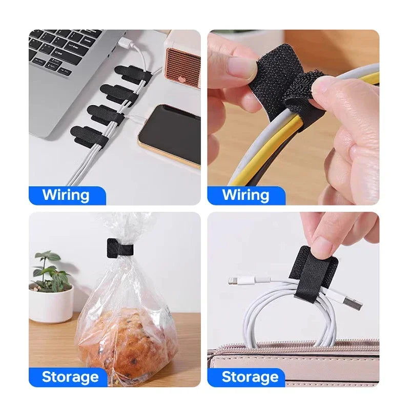 Packaging of self-adhesive reusable cable ties, showing multiple straps for cord management