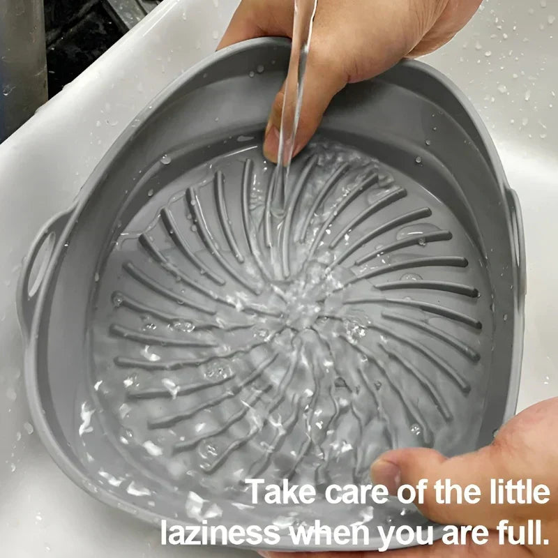 Heat-resistant silicone air fryer accessory. Reusable, non-stick mat for healthier meals.