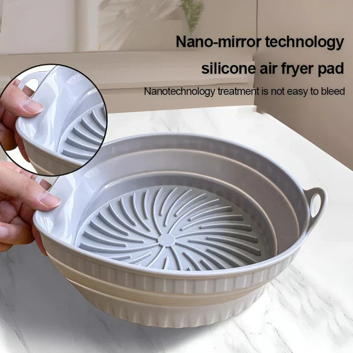 Flexible silicone air fryer liner for healthy, non-stick cooking. Reusable kitchen essential.