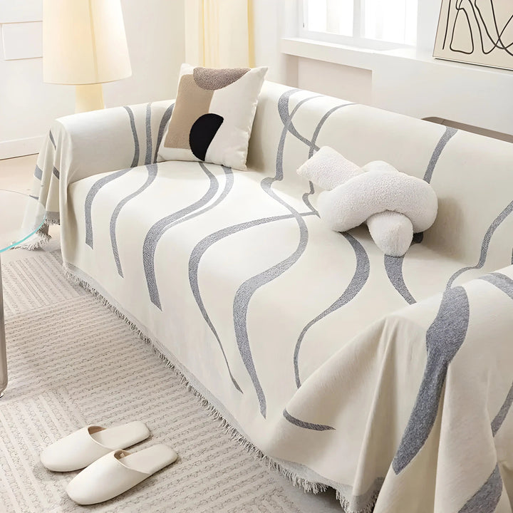 Reversible gray/khaki chenille cotton sofa cover, pet-friendly couch protector for ultimate comfort.