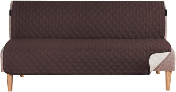 Waterproof futon cover draped over a futon, showing full coverage, excellent for furniture protection.