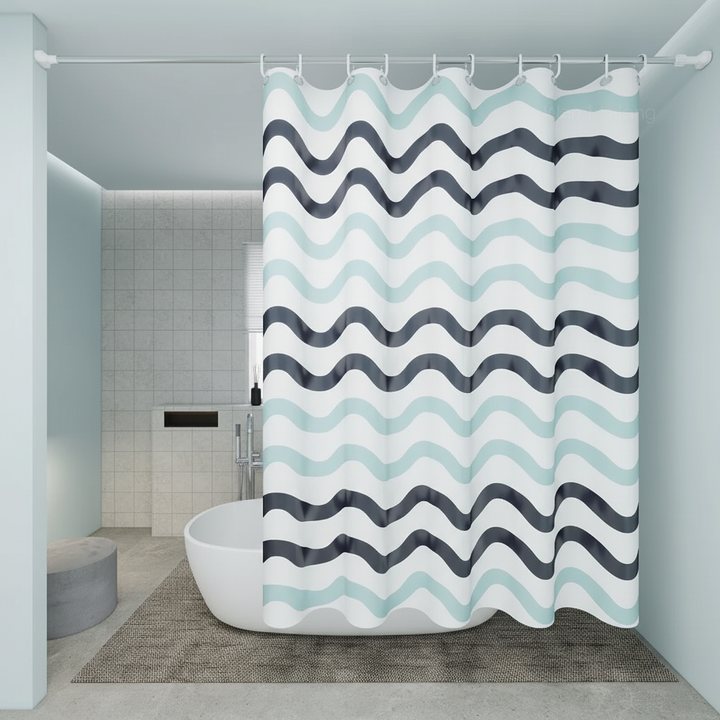 Reversible wave fabric shower curtain in aqua, a stylish and waterproof bathroom decor item.