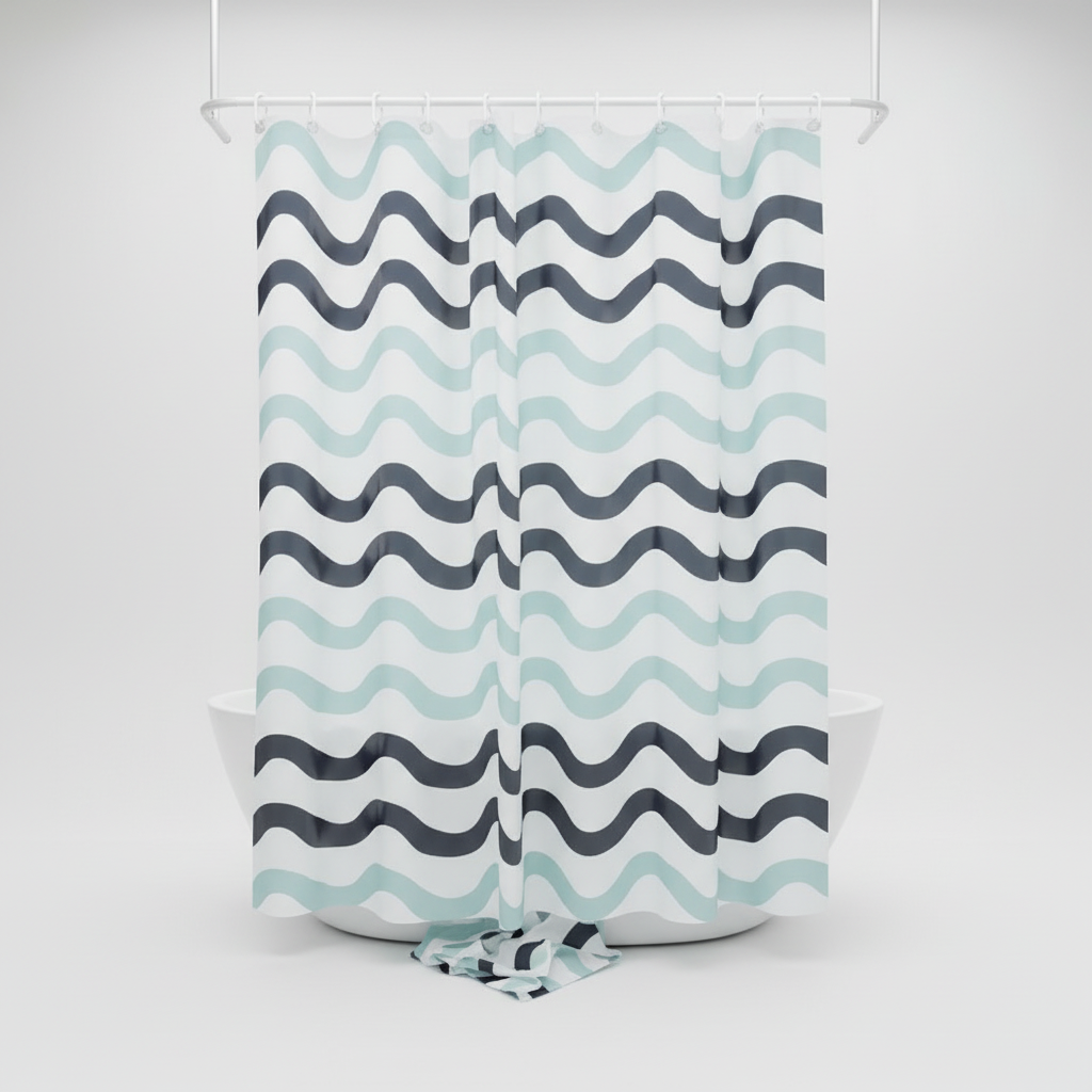 Aqua reversible wave pattern shower curtain for modern bathroom decor, water-resistant.