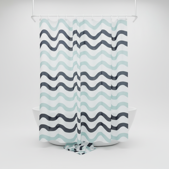 Aqua reversible wave pattern shower curtain for modern bathroom decor, water-resistant.