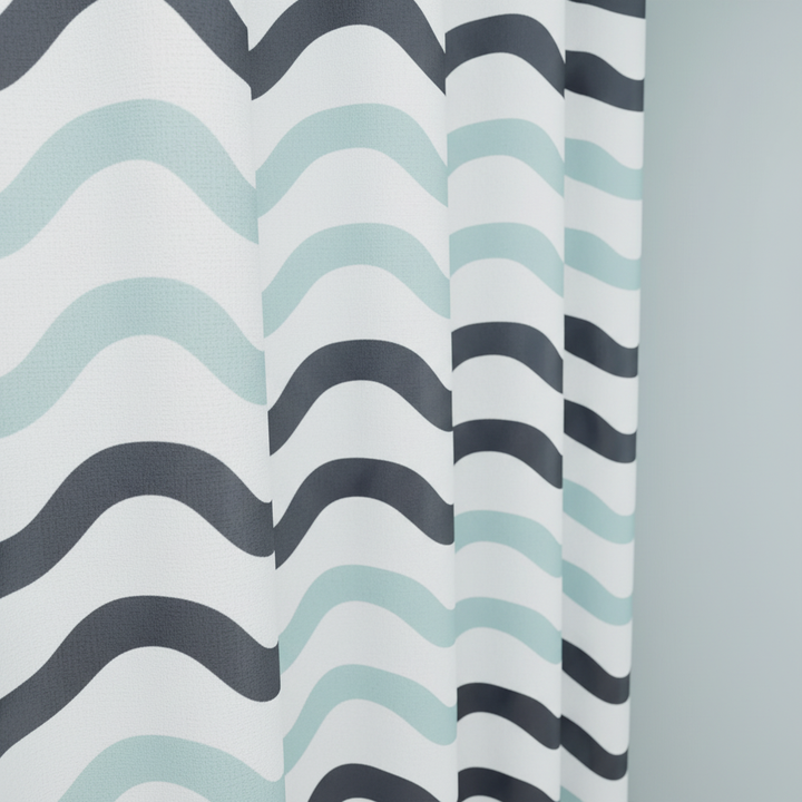 Bathroom shower curtain, reversible wave fabric design in calming aqua tones, waterproof.