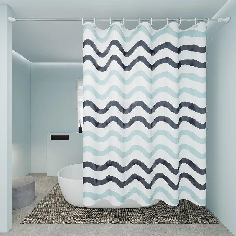 Elegant aqua wave pattern shower curtain, reversible fabric for versatile bathroom decor.