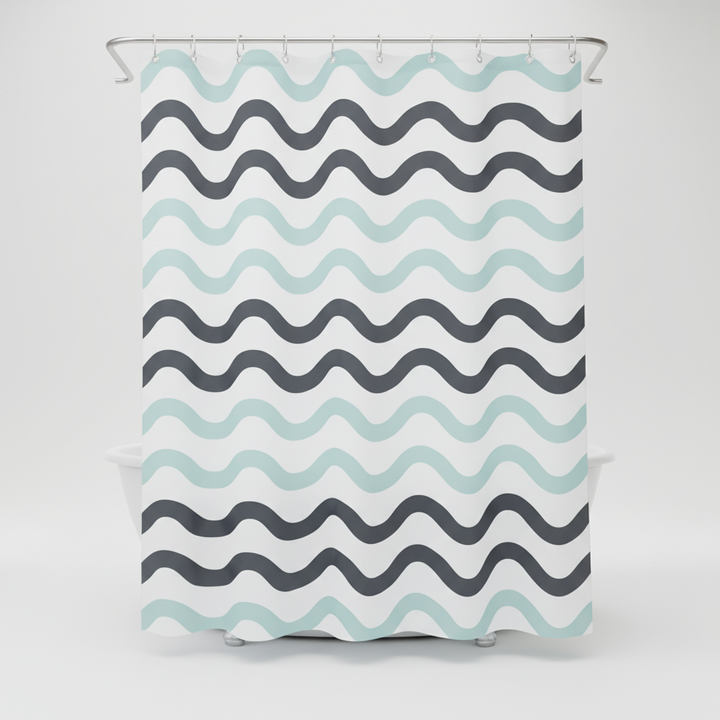 Waterproof reversible shower curtain, aqua wave design, perfect for contemporary bathrooms.