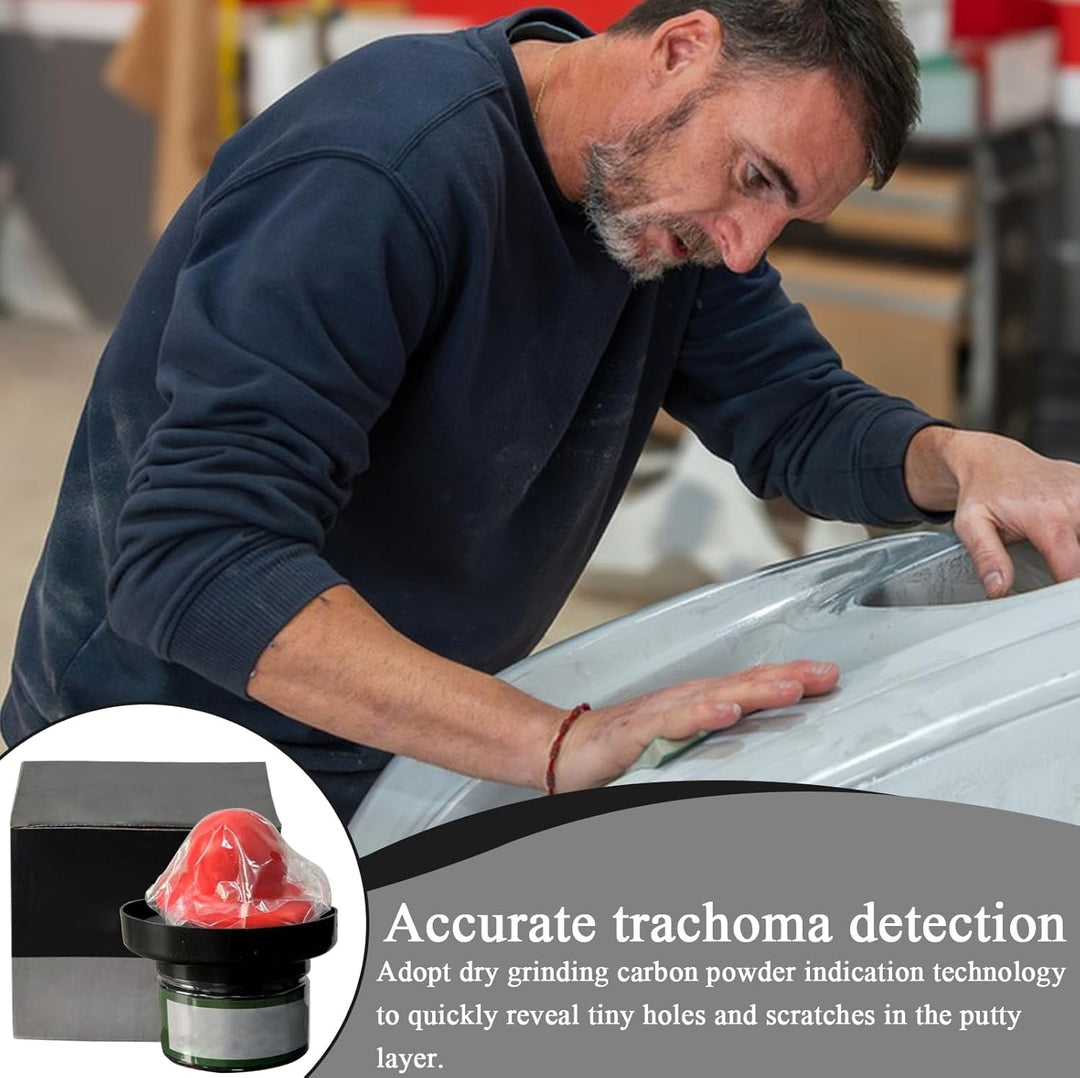 Close-up of Revnix dry guide coat powder on car panel, ensuring thorough sanding for paint refinishing.