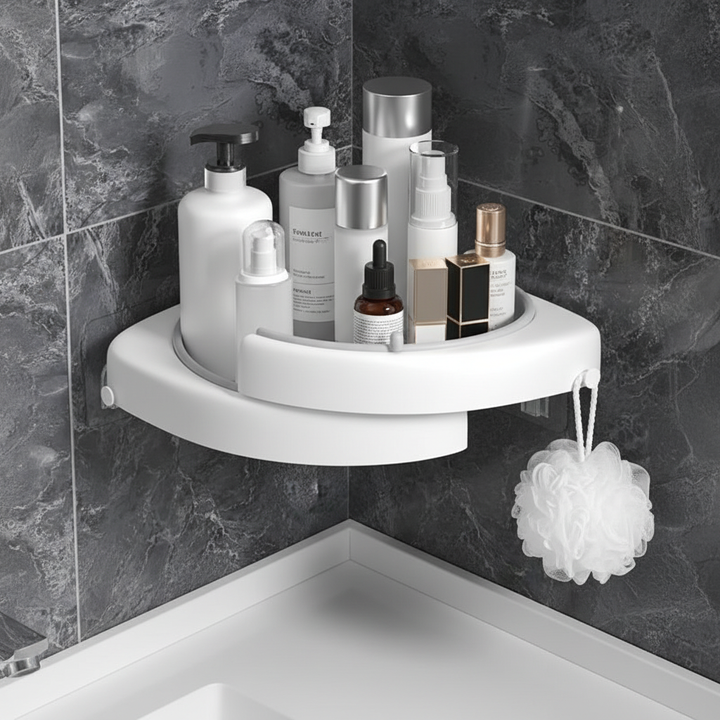 Revolving corner shelf in white plastic, SpaceTurner, ideal for bathroom and kitchen storage.