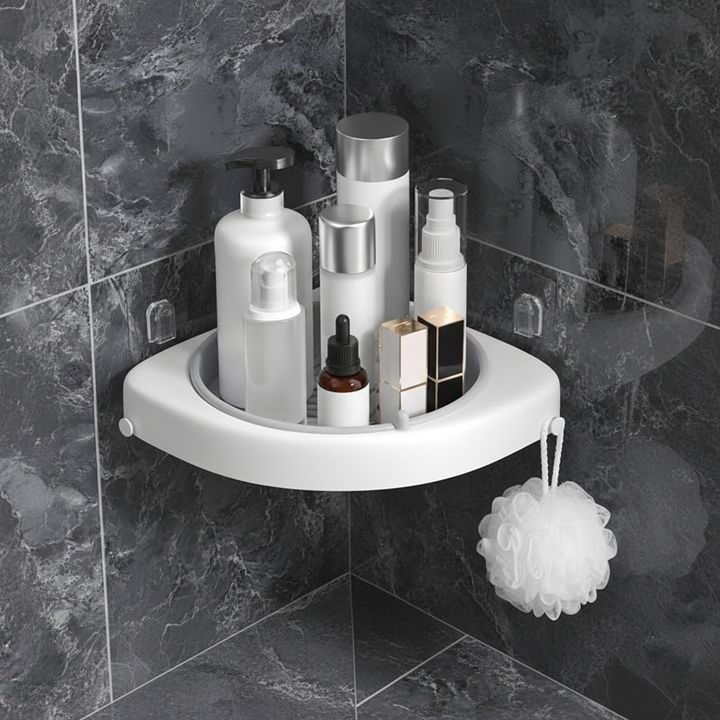 Space-saving rotatable corner shelf, SpaceTurner, organizing kitchen essentials or bathroom toiletries.