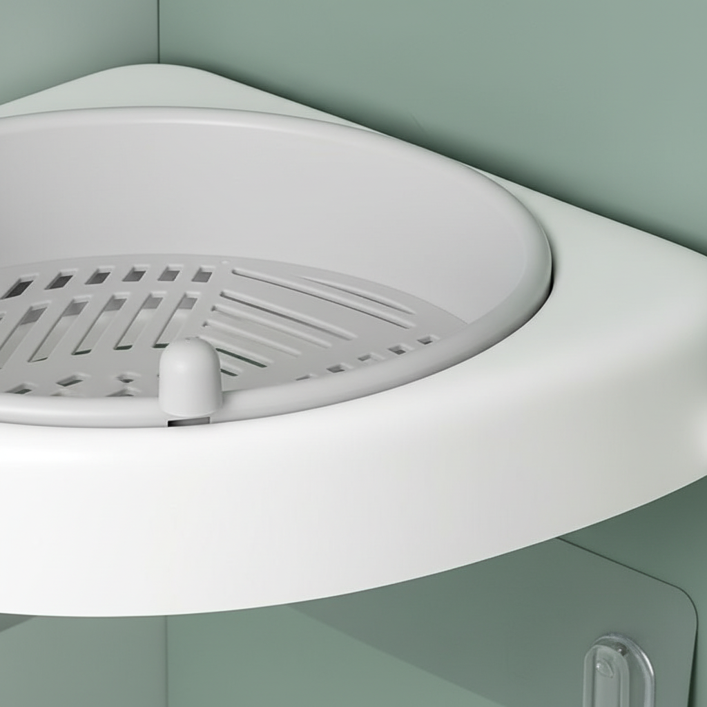 Durable plastic revolving corner shelf, SpaceTurner, perfect for shower caddy or kitchen organization.