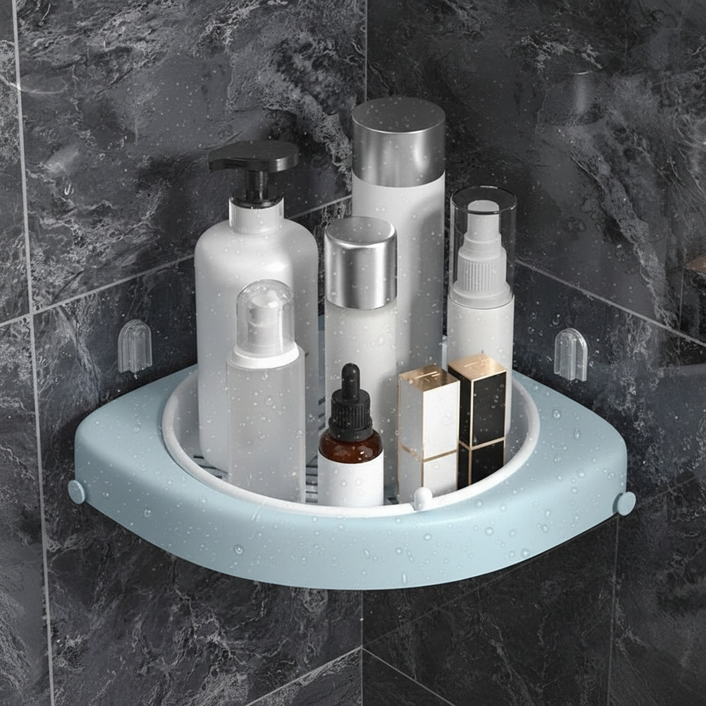 Hygienic white plastic corner shelf, SpaceTurner, maximizing space in bathroom and kitchen.