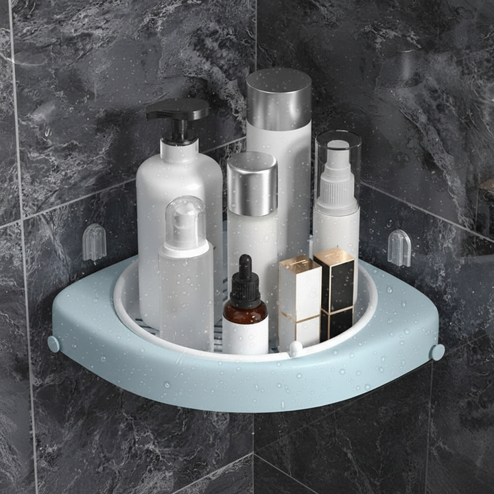 Hygienic white plastic corner shelf, SpaceTurner, maximizing space in bathroom and kitchen.