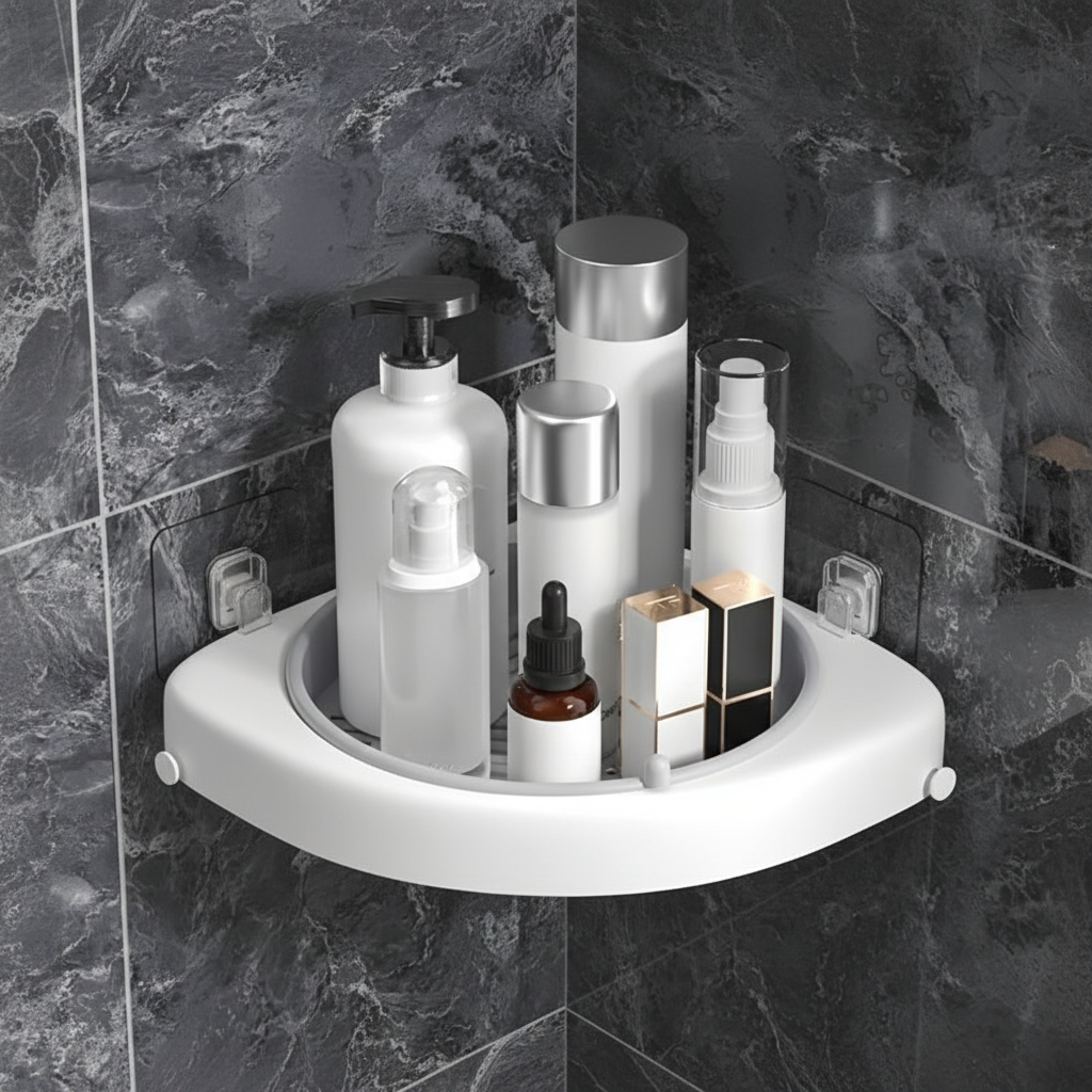Unisex design SpaceTurner rotatable corner shelf, excellent for home organization in any room.